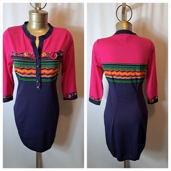 DENG HAO DESIGNER LIGHTWEIGHT PINK & BLUE KNIT DRESS - Picture 1 of 8